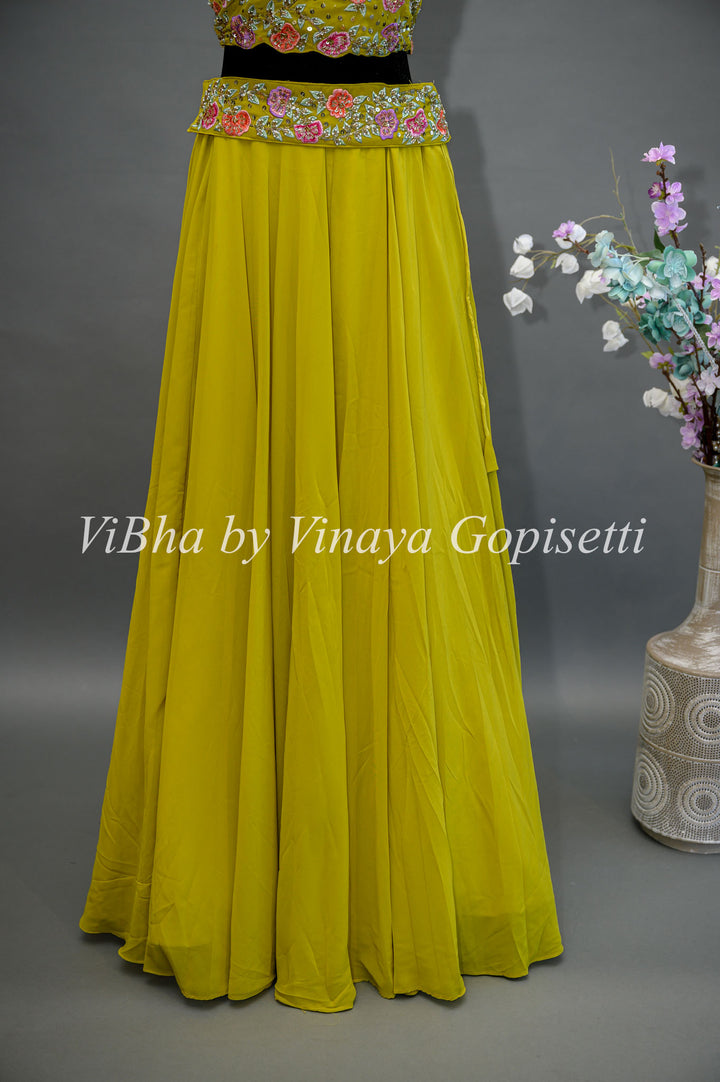 Citrus Green Lehenga with Embroidered Blouse and Draped Saree Dupatta