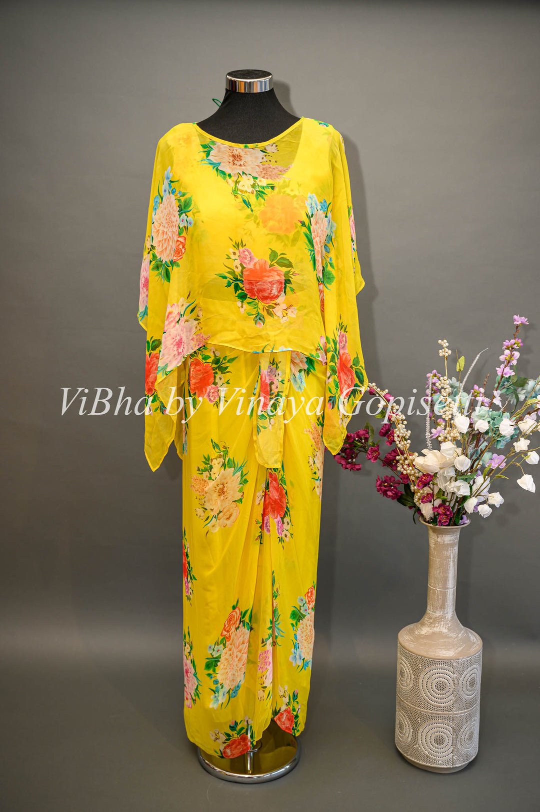 Yellow Floral Cowl Skirt with Detachable Cape and Frilled Stole