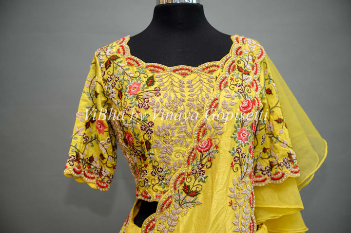 Yellow Lehenga with Embroidered Blouse and Detachable Draped Saree Dupatta