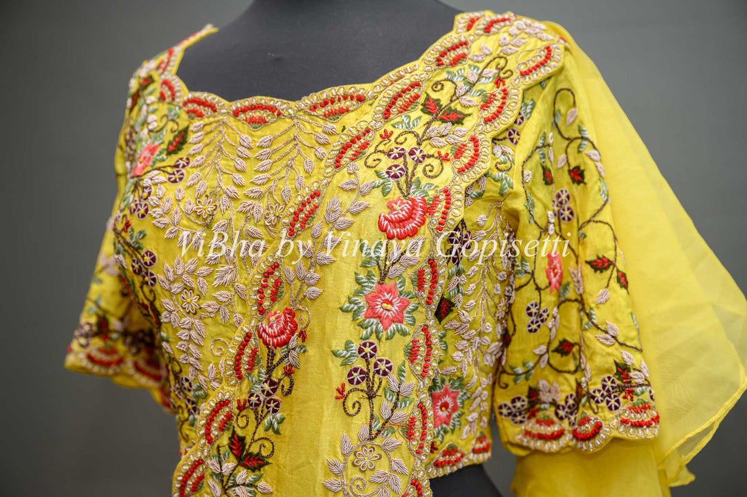 Yellow Lehenga with Embroidered Blouse and Detachable Draped Saree Dupatta