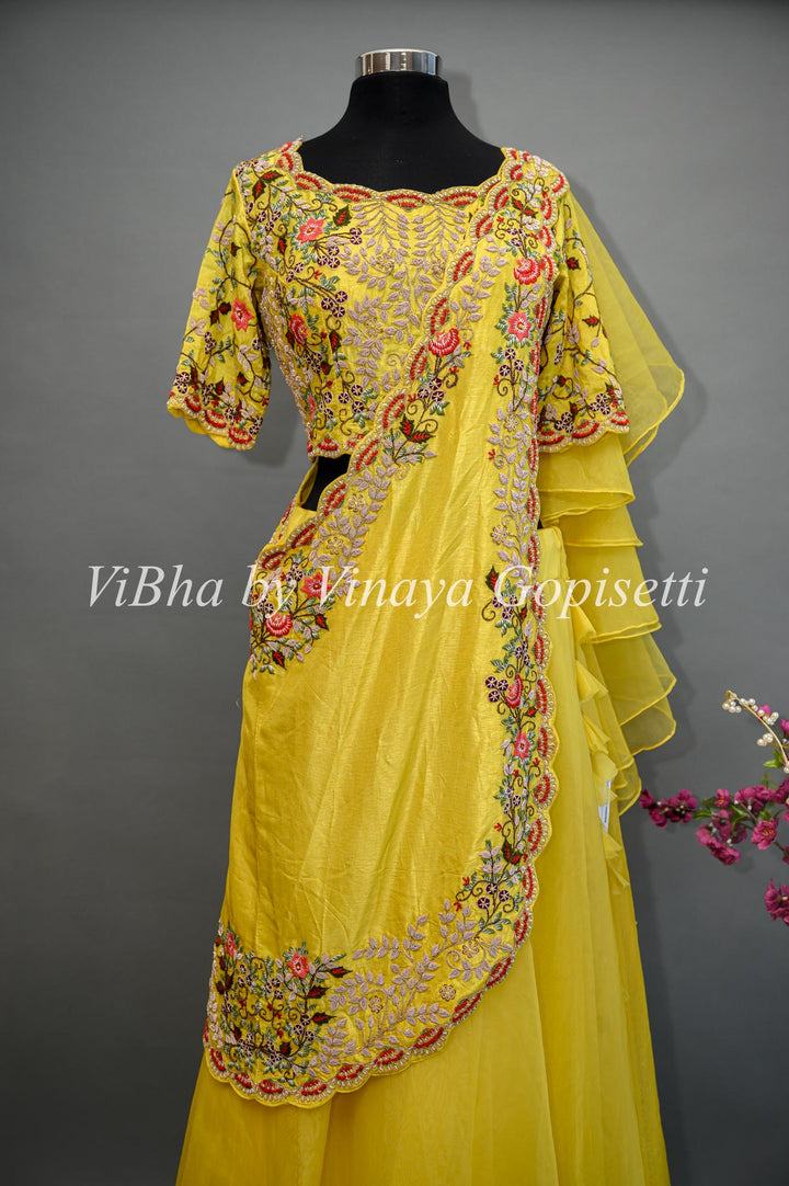 Yellow Lehenga with Embroidered Blouse and Detachable Draped Saree Dupatta