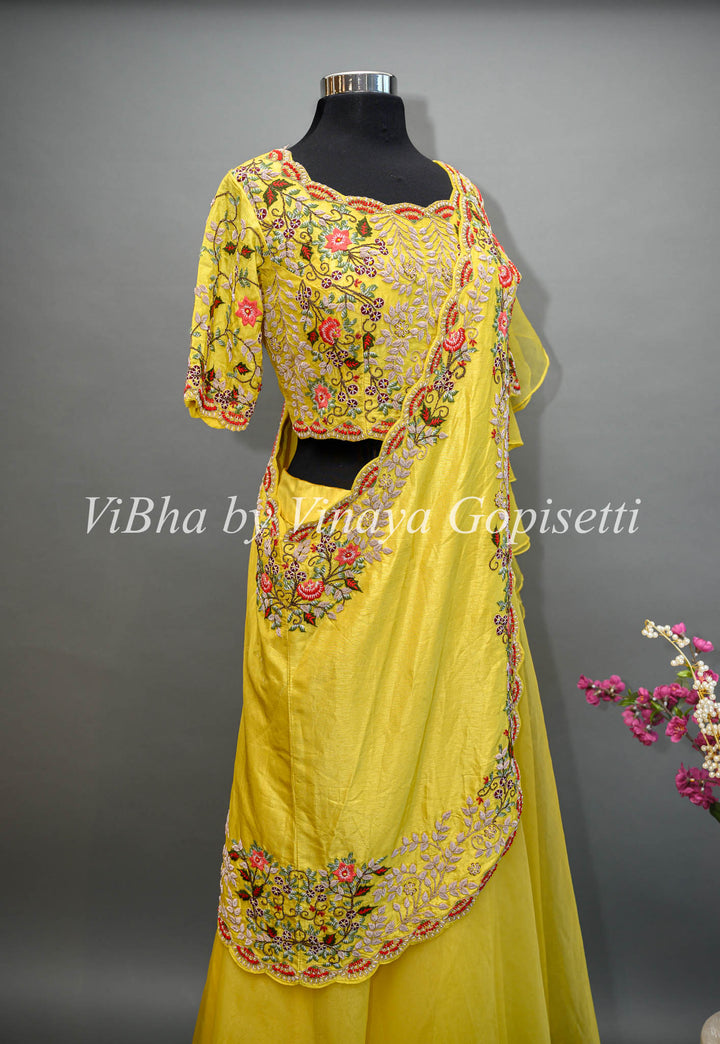 Yellow Lehenga with Embroidered Blouse and Detachable Draped Saree Dupatta