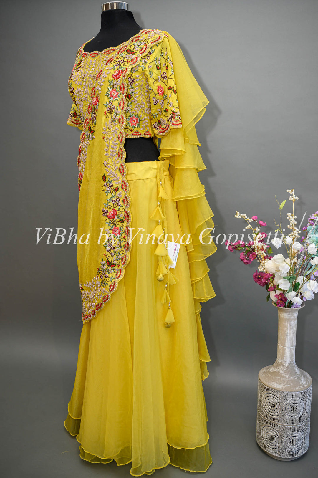 Yellow Lehenga with Embroidered Blouse and Detachable Draped Saree Dupatta