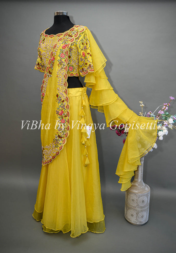 Yellow Lehenga with Embroidered Blouse and Detachable Draped Saree Dupatta