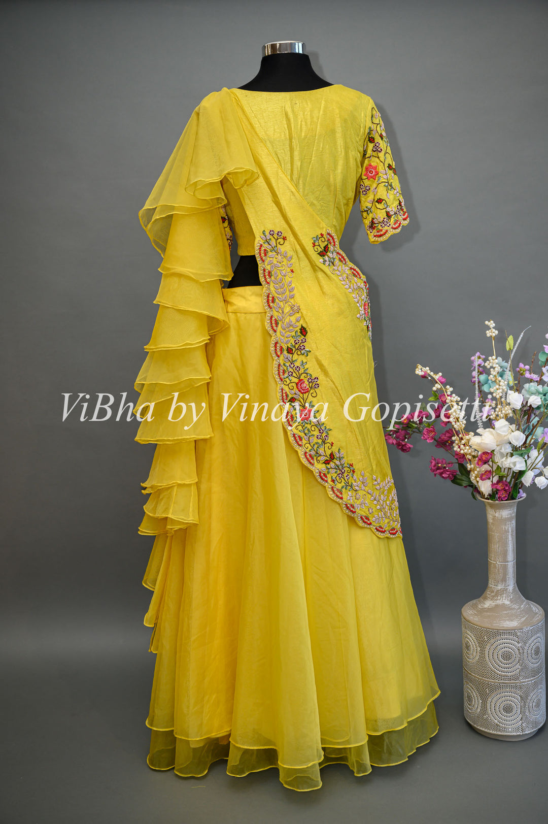 Yellow Lehenga with Embroidered Blouse and Detachable Draped Saree Dupatta