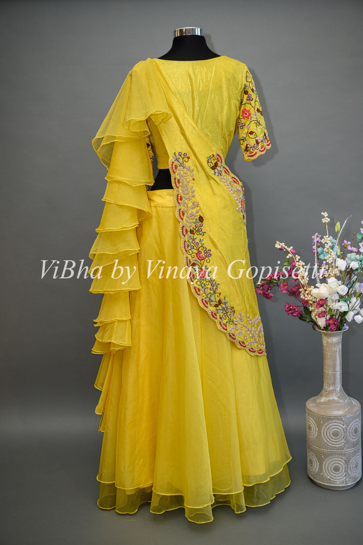 Yellow Lehenga with Embroidered Blouse and Detachable Draped Saree Dupatta