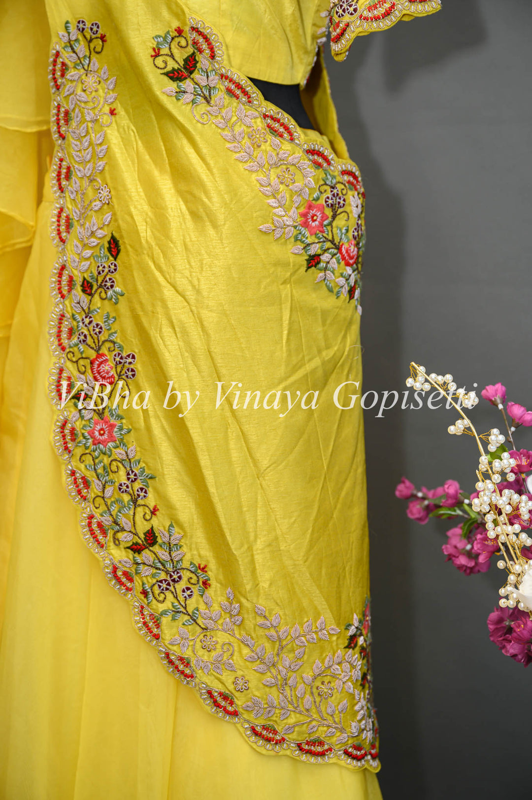 Yellow Lehenga with Embroidered Blouse and Detachable Draped Saree Dupatta