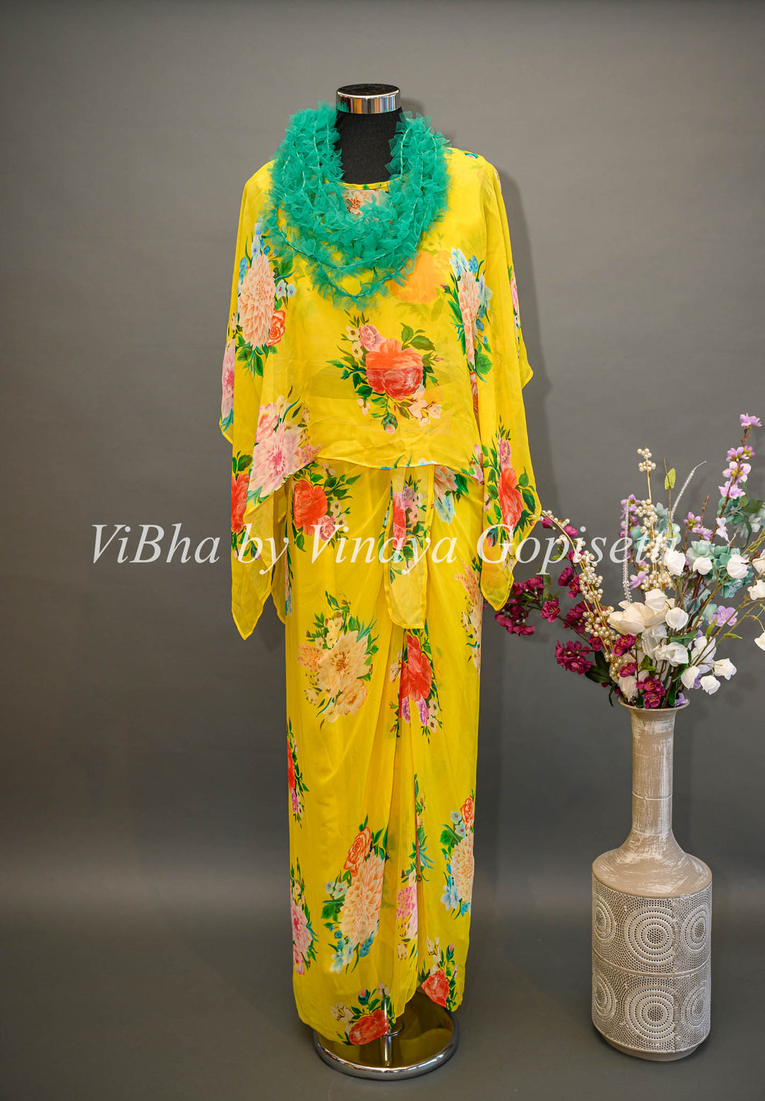 Yellow Floral Cowl Skirt with Cape and Frilled Stole