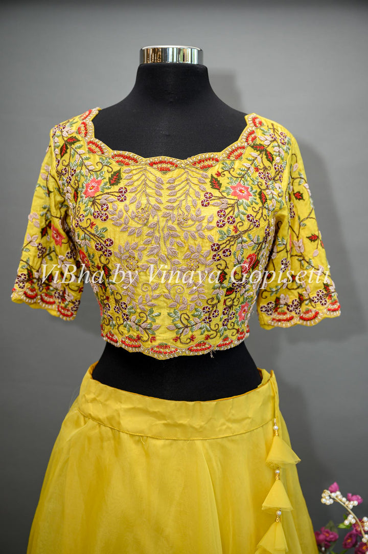 Yellow Lehenga with Embroidered Blouse and Detachable Draped Saree Dupatta