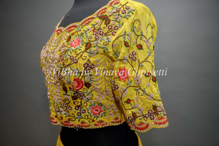 Yellow Lehenga with Embroidered Blouse and Detachable Draped Saree Dupatta