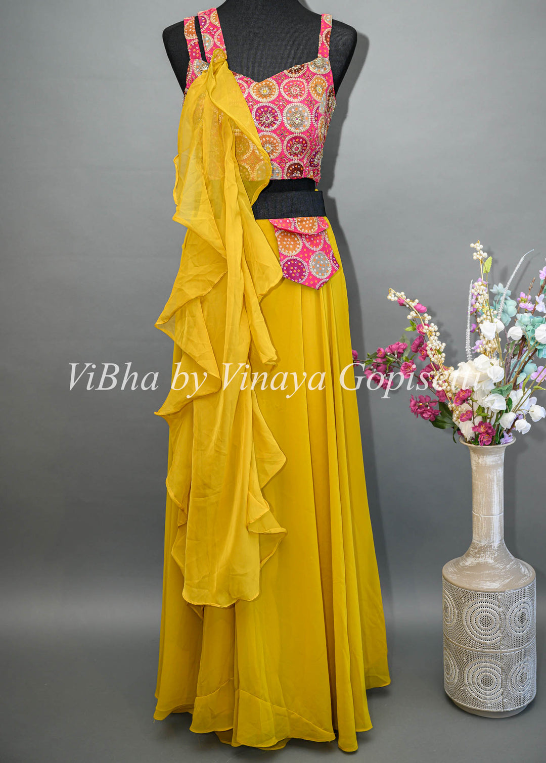 Yellow Sharara Set with Pink Brocade Blouse and Choker Dupatta