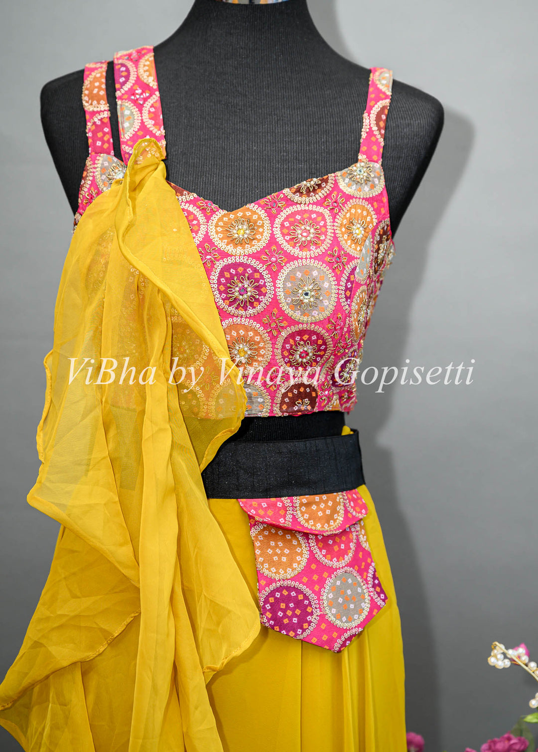 Yellow Sharara Set with Pink Brocade Blouse and Choker Dupatta