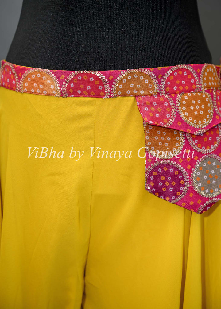 Yellow Sharara Set with Pink Brocade Blouse and Choker Dupatta