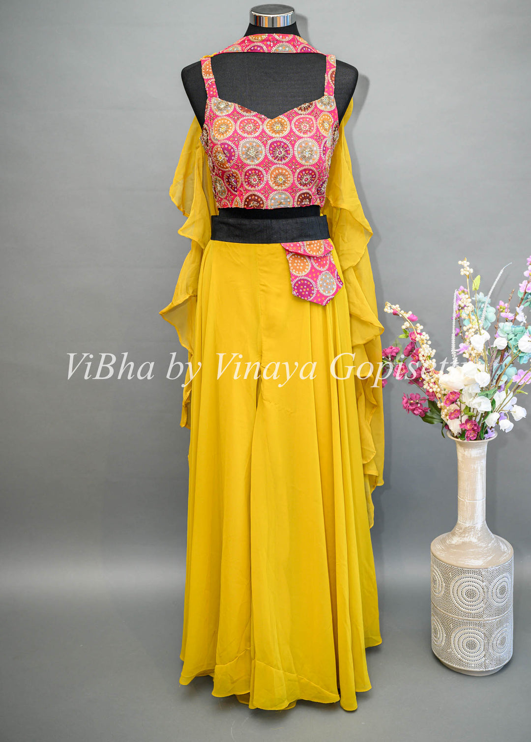 Yellow Palazzo Set with Pink Brocade Blouse