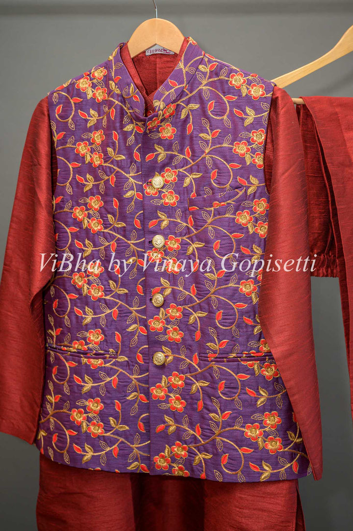 Maroon Kurta and Bottom With Purple Embroidered Vest