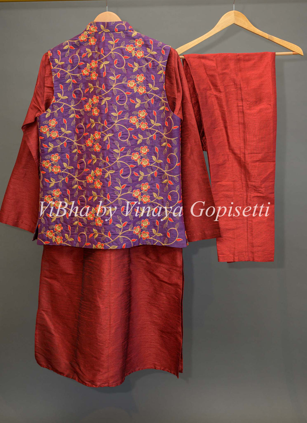 Maroon Kurta and Bottom With Purple Embroidered Vest