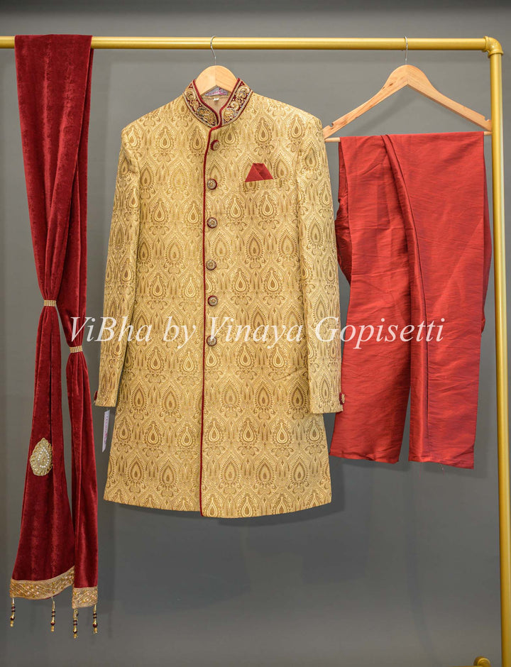 Gold Brocade And Maroon Sherwani Set