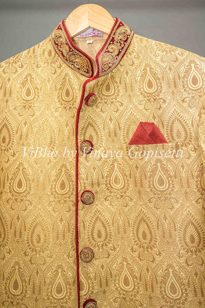 Gold Brocade And Maroon Sherwani Set