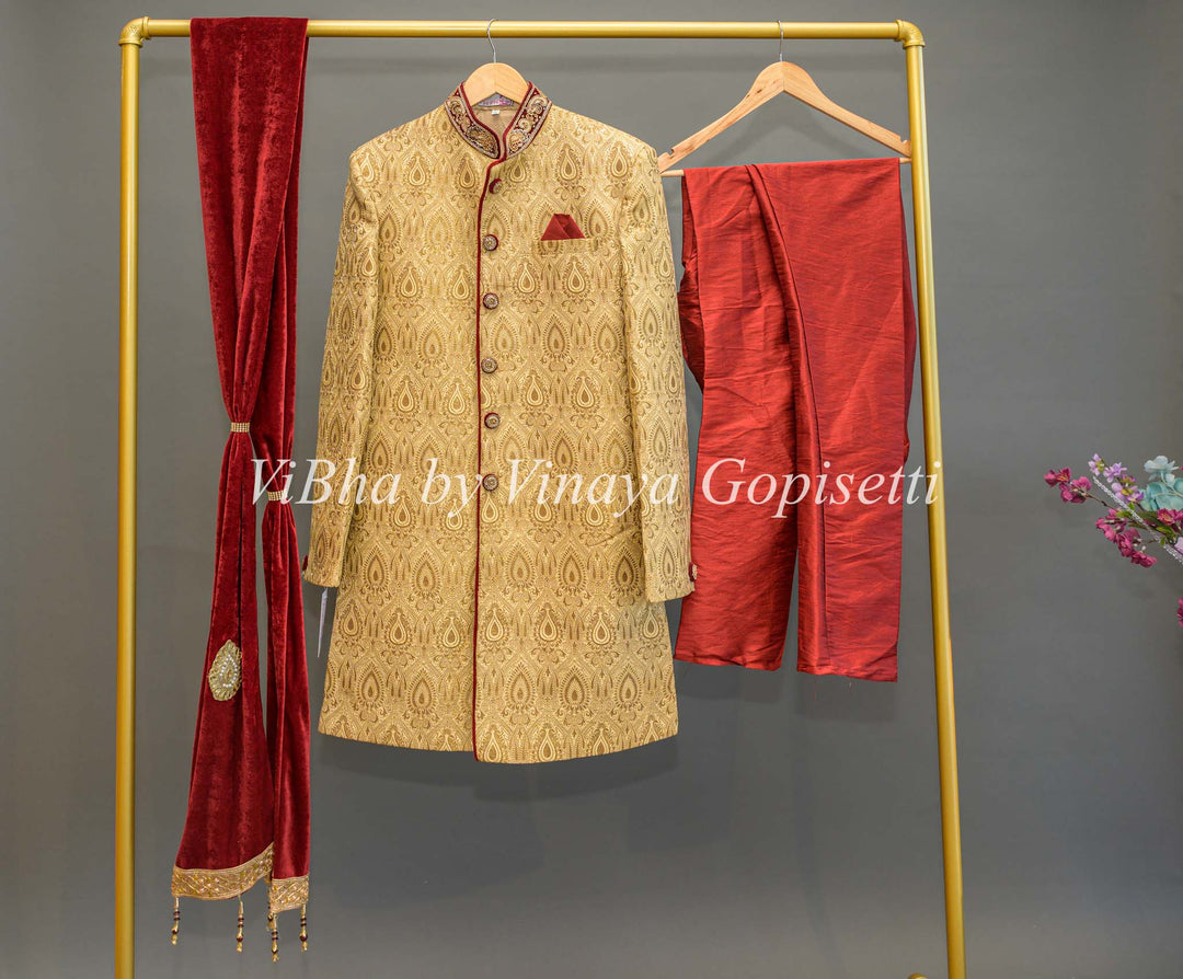 Gold Brocade And Maroon Sherwani Set