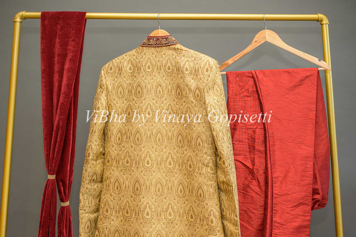 Gold Brocade And Maroon Sherwani Set