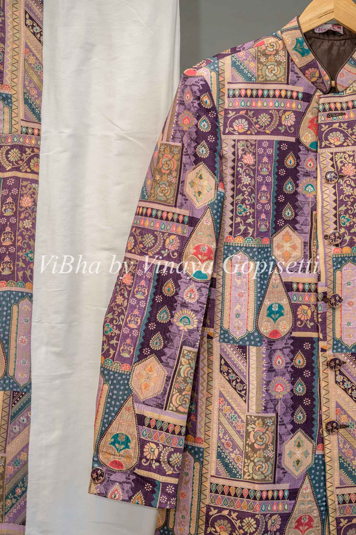 Purple Base Multi Color Geometrical Print Men Sherwani