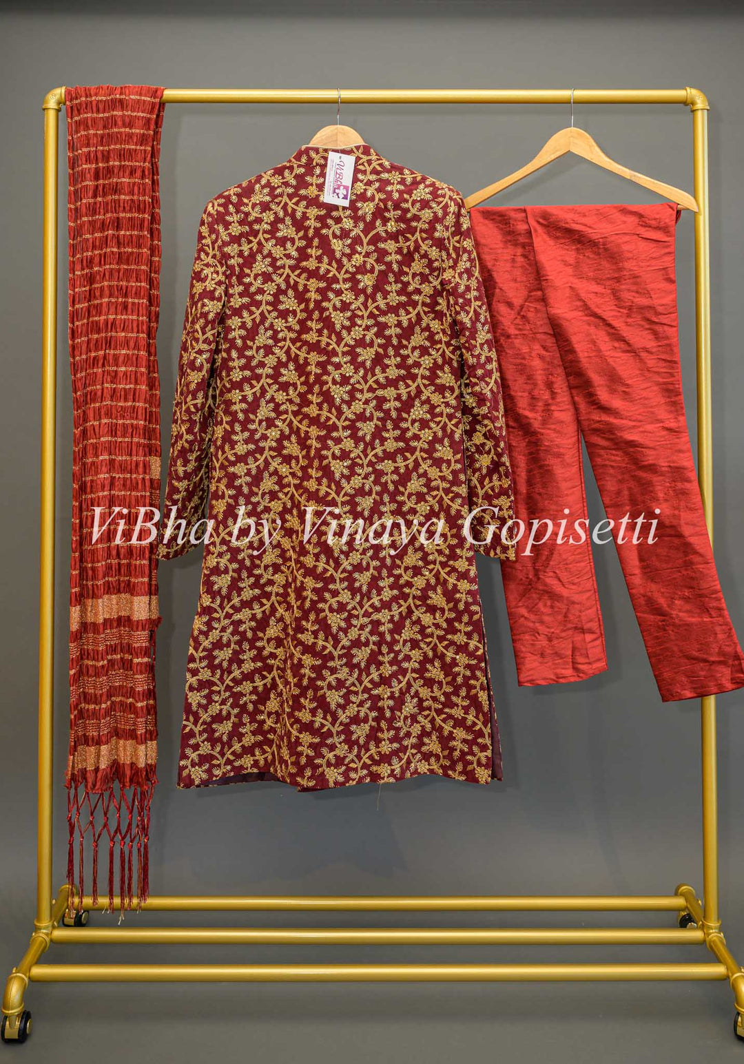 Maroon Embroidered Men Sherwani Set