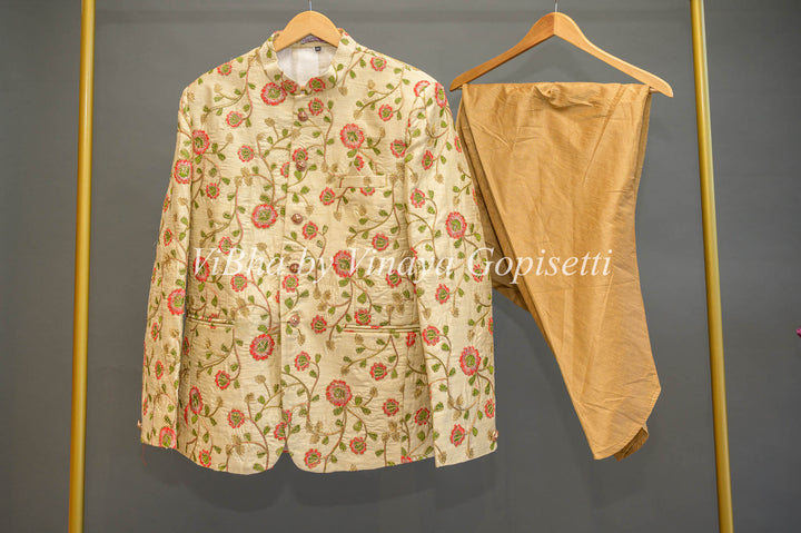 Gold Floral Embroidered Sherwani Set