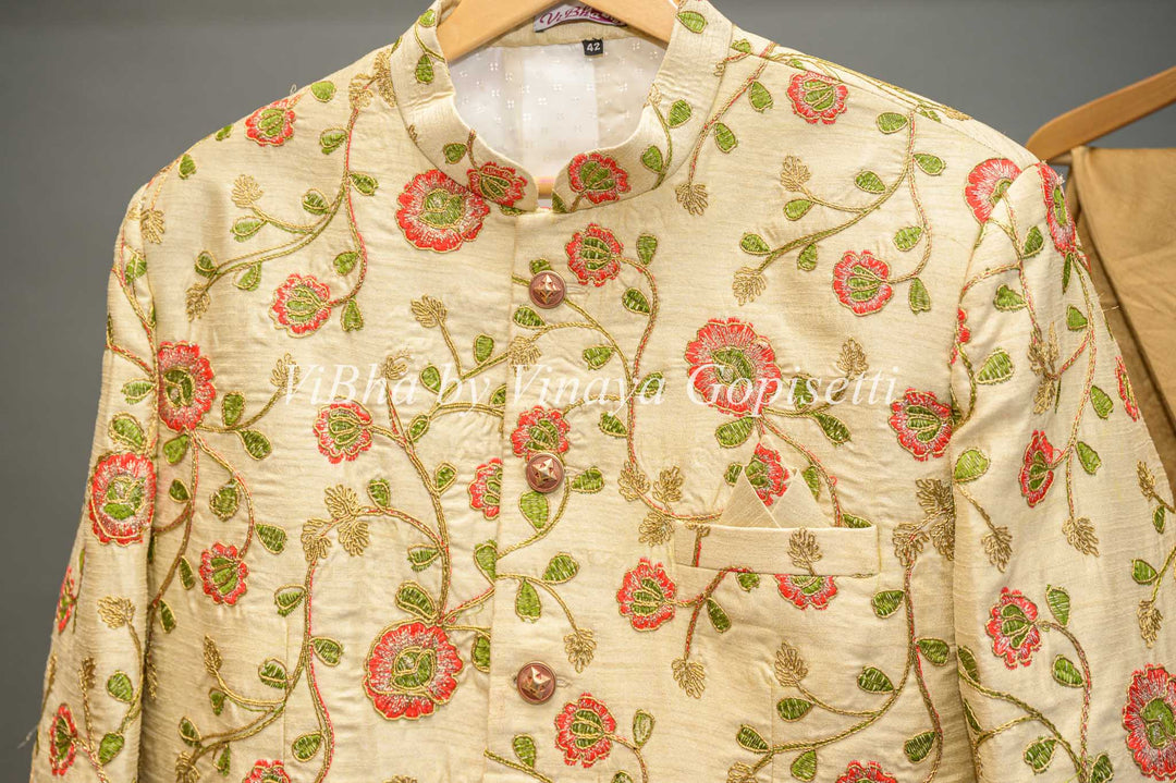 Gold Floral Embroidered Sherwani Set