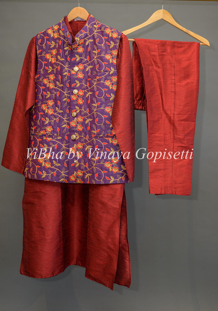 Maroon Kurta and Bottom With Purple Embroidered Vest