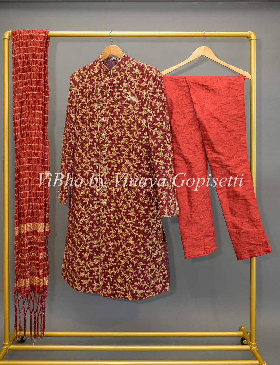 Maroon Embroidered Men Sherwani Set