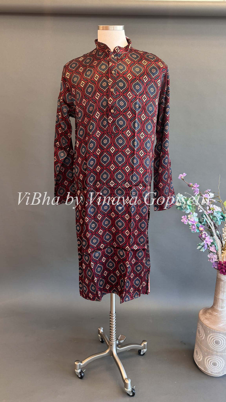 Maroon Gaji Silk Ajrakh Kurta