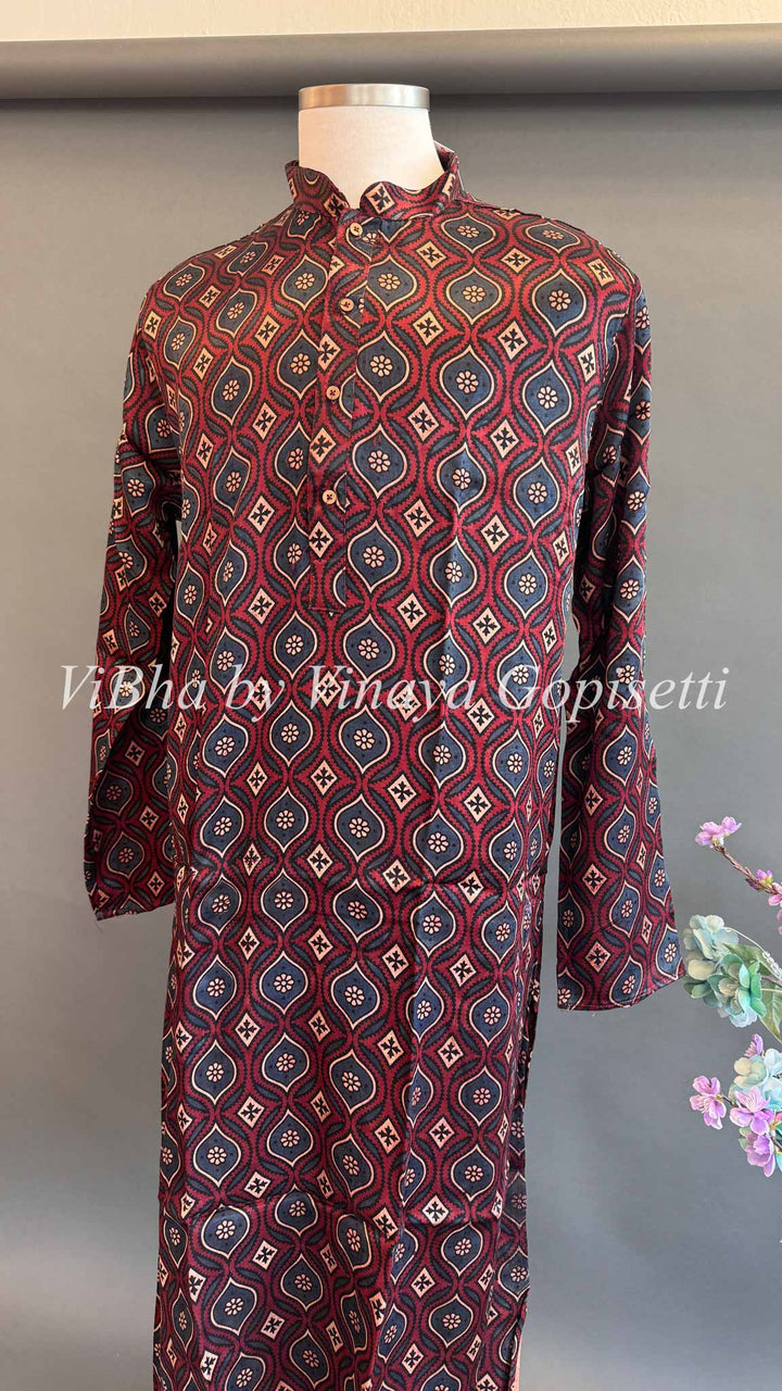 Maroon Gaji Silk Ajrakh Kurta