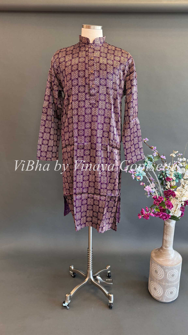 Purple Gaji Silk Ajrakh Kurta