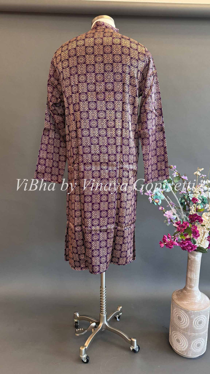 Purple Gaji Silk Ajrakh Kurta