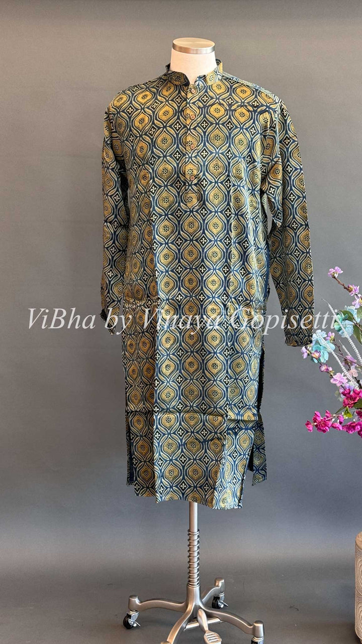 Indigo Gaji Silk Ajrakh Kurta