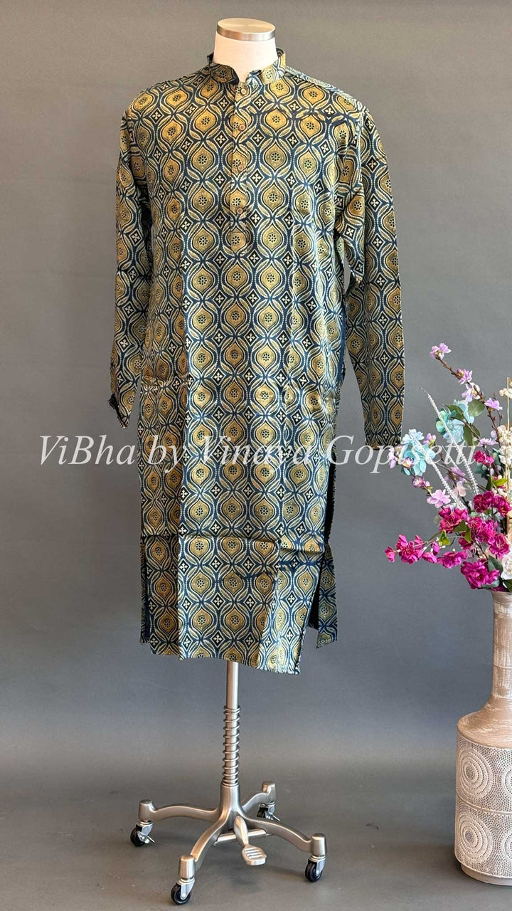 Indigo Gaji Silk Ajrakh Kurta