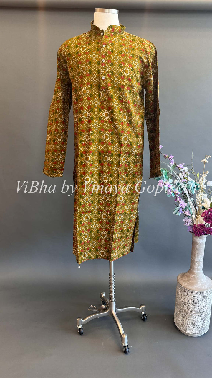 Mehendi Green Patola Handloom Cotton Kurta