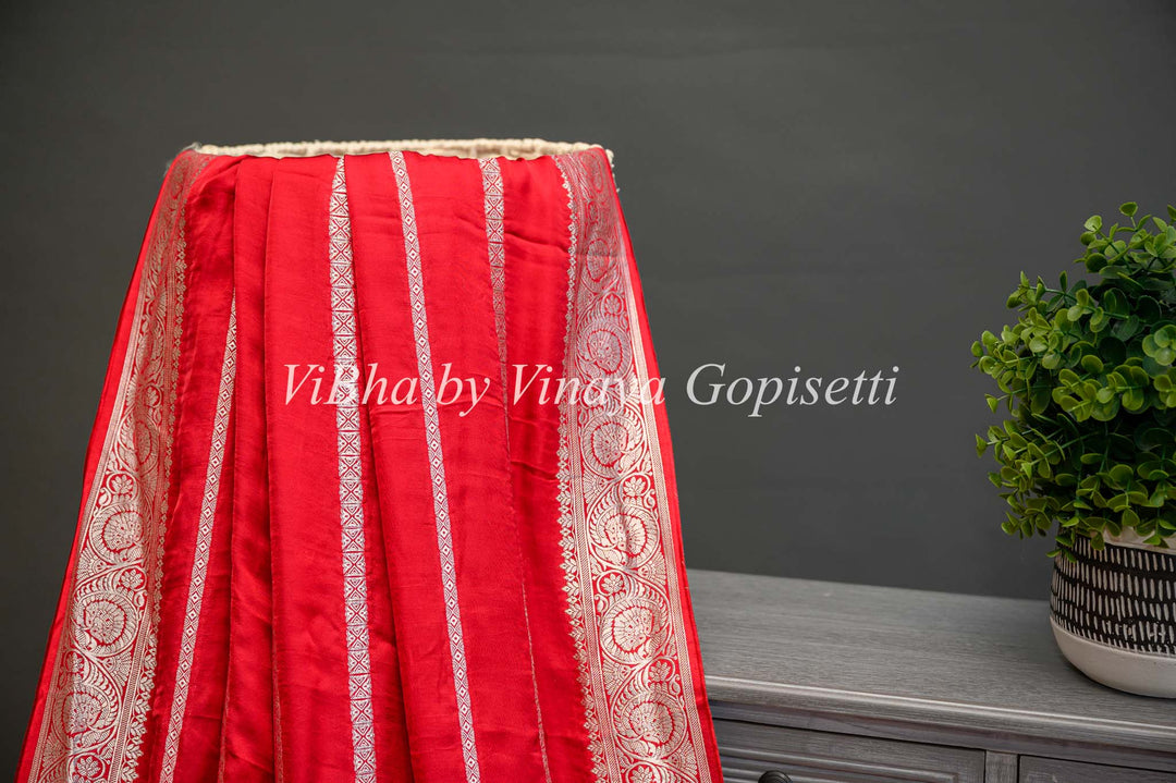 Red Banarasi Silk Saree With Lines Zari And Pichwai Pallu With Blouse