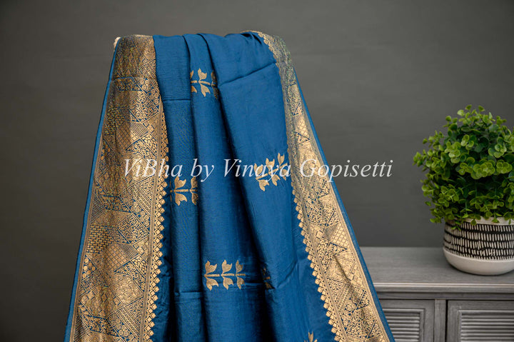 Teal Blue Banarasi Silk Saree And Blouse With Flower Motifs.