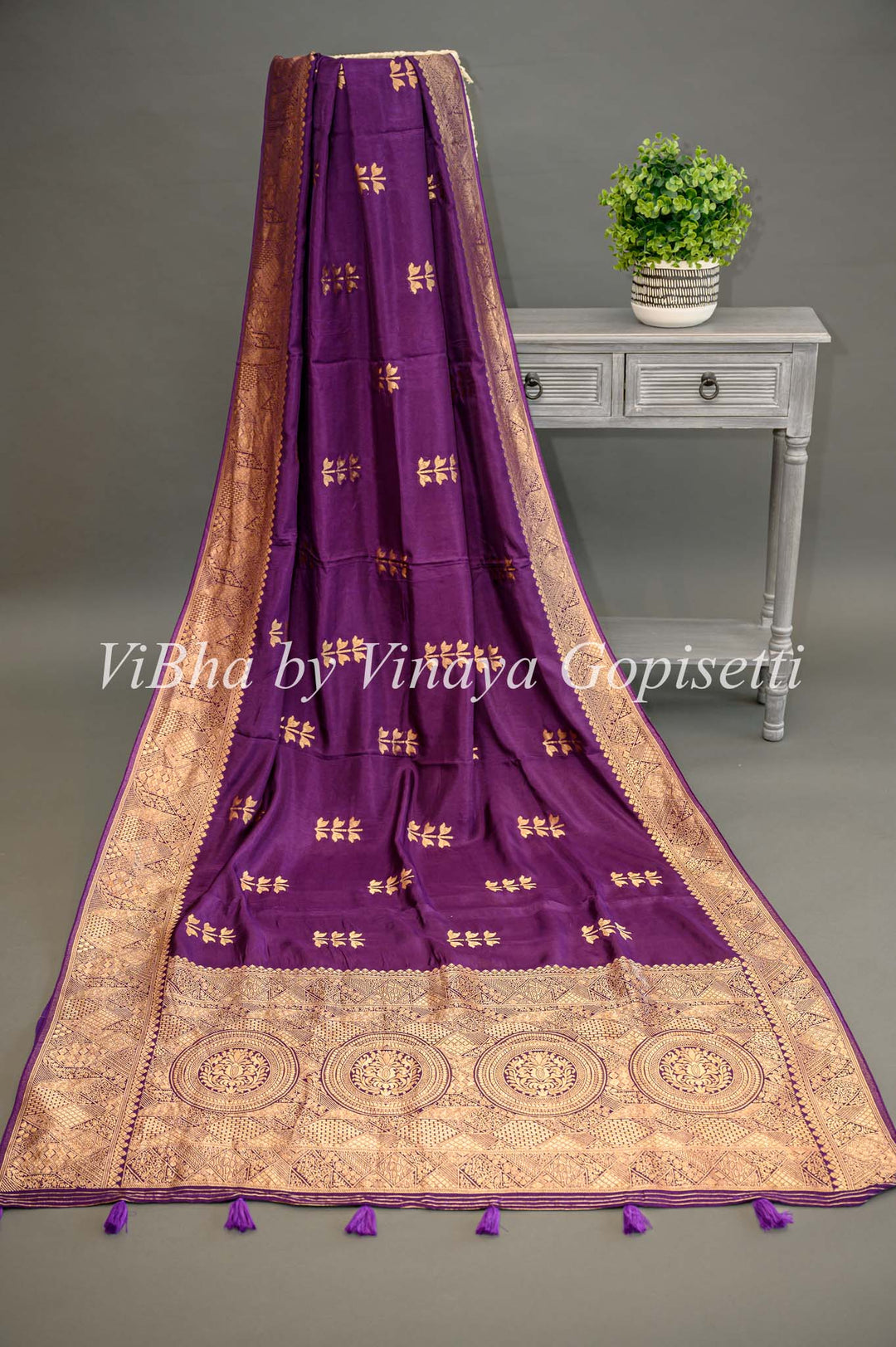 Purple Banarasi Silk Saree And Blouse With Flower Motifs.