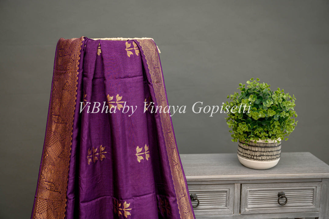 Purple Banarasi Silk Saree And Blouse With Flower Motifs.