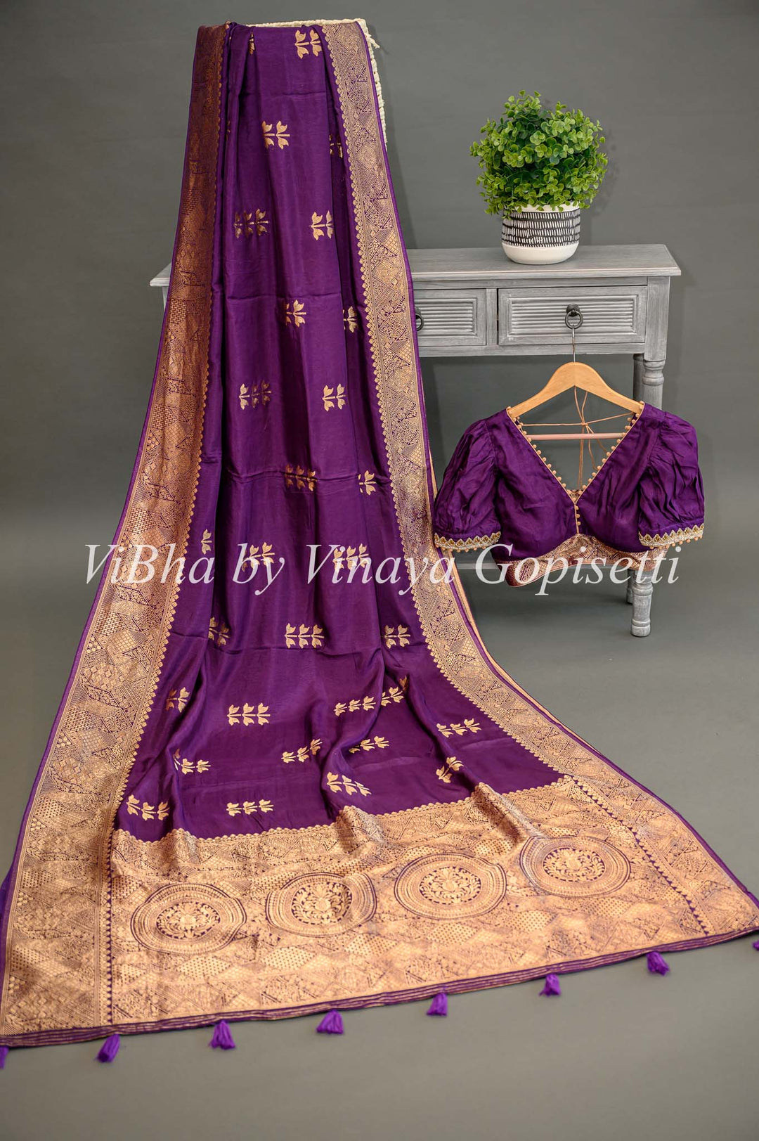 Purple Banarasi Silk Saree And Blouse With Flower Motifs.