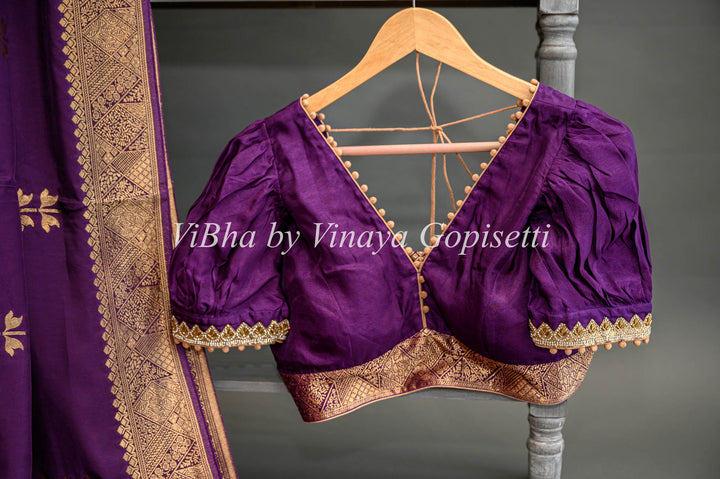 Purple Banarasi Silk Saree And Blouse With Flower Motifs.