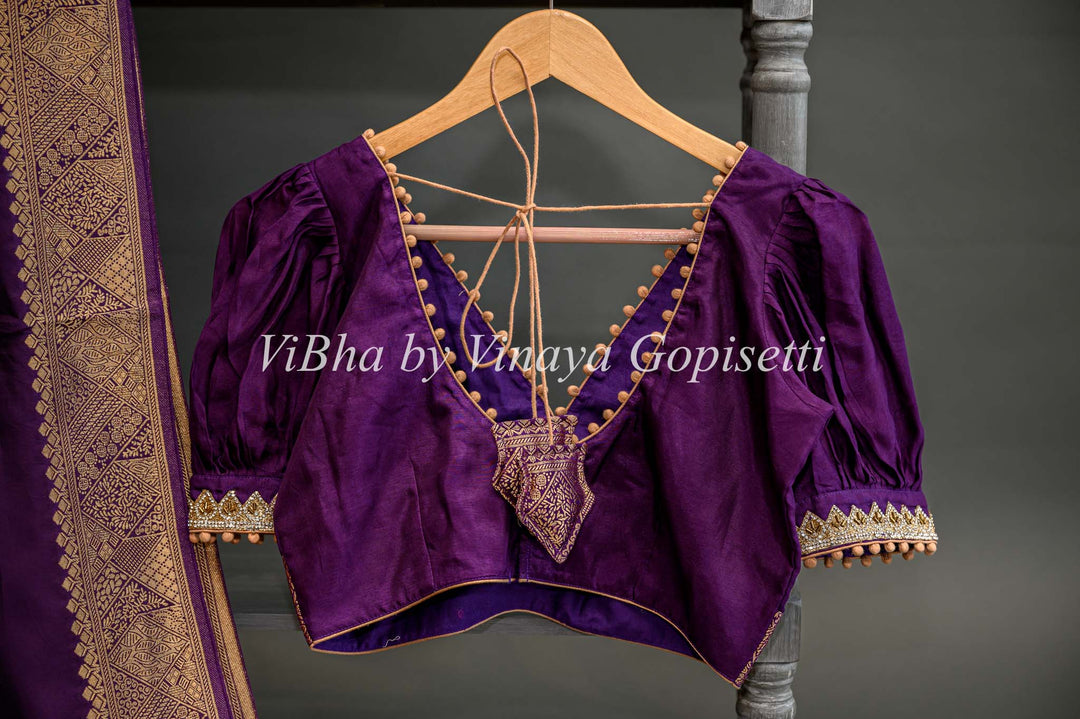 Purple Banarasi Silk Saree And Blouse With Flower Motifs.