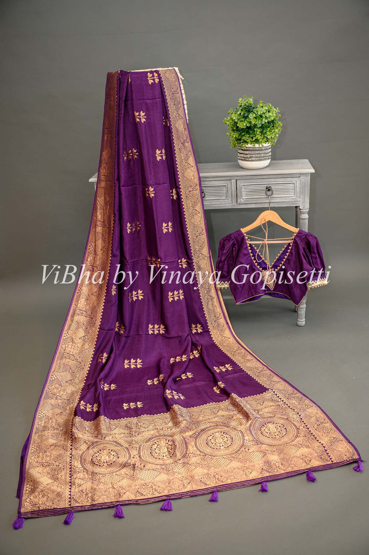 Purple Banarasi Silk Saree And Blouse With Flower Motifs.