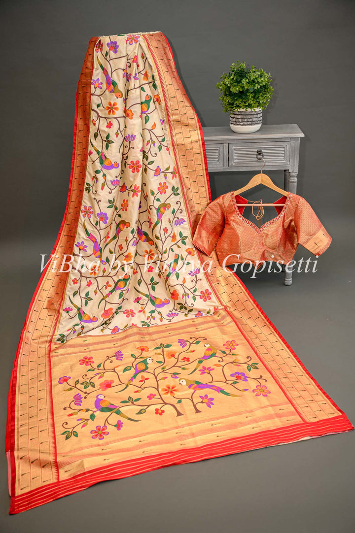 Off White Banarasi Katan Silk Saree And Blouse With All Over Paithani And Triple Muniya Borders