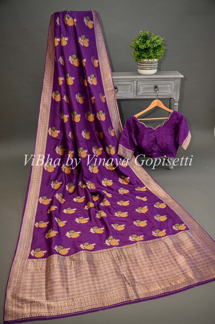 Purple Banarasi Silk Saree And Blouse With Floral Motifs