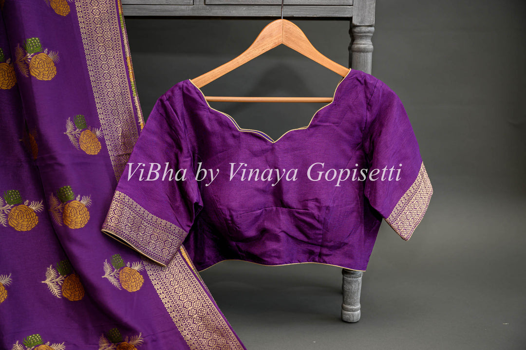 Purple Banarasi Silk Saree And Blouse With Floral Motifs