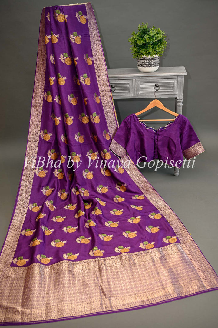 Purple Banarasi Silk Saree And Blouse With Floral Motifs