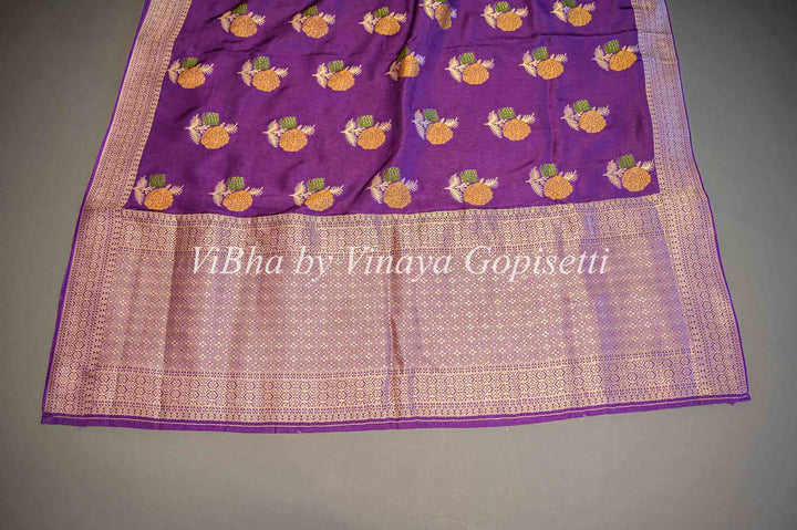 Purple Banarasi Silk Saree And Blouse With Floral Motifs